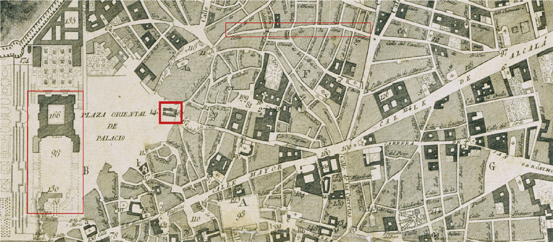 Plano
del centro de Madrid (detalle del plano de Madrid de Lezcano y Salvador, 1812)

 